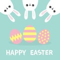 Happy Easter. Three bunny rabbit hanging upside down. Picaboo. Painted pattern egg set. Flat design. Funny head face. Cute kawaii