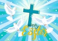 Happy Easter. Three doves and cross in blue sky.