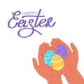 Happy Easter. Three multicolored Easter eggs in human palms. Royalty Free Stock Photo