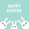 Happy Easter. Three white bunny rabbit looking from the corner. Picaboo. Flat design. Funny head face. Cute kawaii cartoon charact