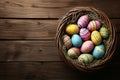 Happy easter token Eggs Marshmallow Basket. White irise Bunny Peace. Easter illustration background wallpaper