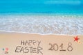 Happy easter 2018 on a tropical beach under clouds Royalty Free Stock Photo