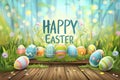 Happy easter tulip garden Eggs Easter Bunny Decorated Eggs Basket. White eggciting surprises Bunny Grass red bougainvillea Royalty Free Stock Photo
