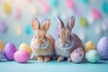 Happy easter tulips Eggs Cashew blossoms Basket. White buoyant Bunny charming. rose background wallpaper