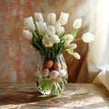 Happy Easter. Tulips and Easter Eggs Vase Display Royalty Free Stock Photo