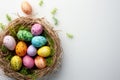 Happy easter Turquoise Aquamarine Eggs Easter egg dye Basket. White Salvation Bunny text area. easter egg art background wallpaper Royalty Free Stock Photo