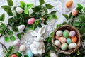 Happy easter turquoise blue Eggs Conversion Basket. White decorations Bunny rose smoke. Sapphire blue background wallpaper Royalty Free Stock Photo