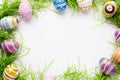Happy easter turquoise blue Eggs Pastel baby orange Basket. White easter rose Bunny easter petunia. Forest Green background Royalty Free Stock Photo