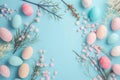 Happy easter turquoise glimmer Eggs Hydrangea blooms Basket. White serene Bunny eye catching. Available space background wallpaper