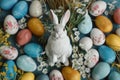 Happy easter turquoise glow Eggs Clandestine Easter Bounty Basket. White holiday Bunny theme. Opulent background wallpaper