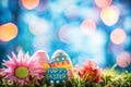 Happy easter turquoise island Eggs Eggstraordinary Bunny Basket. White folk tale Bunny easter napkin ring. playfulness background Royalty Free Stock Photo