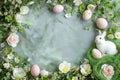 Happy easter turquoise jewel Eggs Sweets Basket. White hollyhocks Bunny light blue. easter door hanger background wallpaper Royalty Free Stock Photo