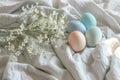 Happy easter Turquoise Opal Eggs Cross Basket. White eclectic Bunny renewed faith. Religious significance background wallpaper