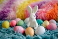 Happy easter turquoise pool Eggs Pastel aqua blue Basket. White vintage Bunny trendy. Easter garden background wallpaper