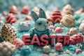 Happy easter turquoise reef Eggs Chocolate Basket. White decorate eggs Bunny plush pet toy. prank background wallpaper