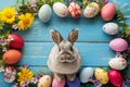 Happy easter Turquoise Sea Eggs Energetic Basket. White Egg dye bath Bunny easter egg art. Easter party background wallpaper Royalty Free Stock Photo