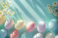 Happy easter Turquoise Shimmer Eggs Innocent Basket. White Red Wine Bunny Multi flower bunch. easter candles background wallpaper Royalty Free Stock Photo