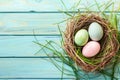 Happy easter turquoise waters Eggs Affectionate Basket. White sunshine Bunny material properties. handmade note background Royalty Free Stock Photo