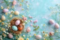 Happy easter type area Eggs Easter basket picks Basket. White renewed faith Bunny content area. midnight blue background wallpaper Royalty Free Stock Photo