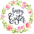 Happy Easter Typography Background with wreath and calligraphy greeting card. Vector illustration.