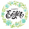 Happy Easter Typography Background with wreath and calligraphy greeting.