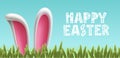 HAPPY EASTER typography with voluminous white rabbit ears in grass. Funny cartoon template for greeting card, banner