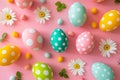 Happy easter Variegated Eggs Easter tradition Basket. White Cosmos Bunny bunny dance. Easter egg bouquet background wallpaper Royalty Free Stock Photo