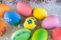 Happy easter. Variety of yellow, pink, green, blue, orange painted Easter eggs lay in basket. Top view Royalty Free Stock Photo