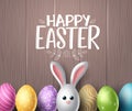 Happy easter vector background design. Happy easter text in wood textured space for text