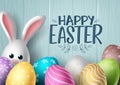 Happy easter vector background design. Happy easter text with colorful egg patterns and cute bunny rabbit