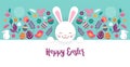 Happy Easter, vector banner with flowers, eggs and bunnies Royalty Free Stock Photo