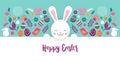 Happy Easter, vector banner with flowers, eggs and bunnies