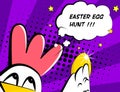 Happy Easter vector card with rooster, golden egg and text cloud. Comics style Royalty Free Stock Photo