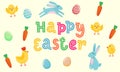 Happy Easter vector cute banner with colored ornate eggs, cartoon chiken and Easter banny, rabbit on yellow paper background. Funn Royalty Free Stock Photo