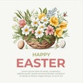 Happy easter Vector cute classic illustrations of easter eggs in a basket of flowers