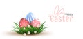 Happy Easter vector element for design.eggs in green grass with white flowers isolated on white background.Vector greeting card,