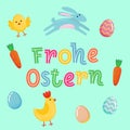 Happy Easter vector German cute banner with colored ornate eggs, cartoon chiken and Easter banny, rabbit on green paper background Royalty Free Stock Photo