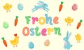 Happy Easter vector German cute banner with colored ornate eggs, cartoon chiken and Easter banny, rabbit on yellow paper backgroun Royalty Free Stock Photo