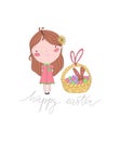 Happy easter vector illustration with cute girl, basket, eggs, bunny and calligraphy lettering. unique spring easter greeting card