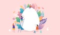 Happy Easter vector illustration, miniature people, families and giant egg. Greeting cards, poster, banner