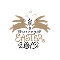 Happy Easter 2019. Vector illustration with two jumping Easter bunnies.