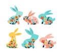 Happy Easter vector illustrations of bunnies, rabbits icons, decorated with flowers