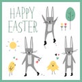 Happy easter vector set. Bunny, rabbit, chick, tree, flower, sun, heart, lettering phrase. Spring forest elements for design