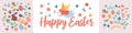 Happy Easter. Vector set of cute illustration. Painted eggs, rabbits, flowers, a basket, a chocolate hare, cakes. Design elements