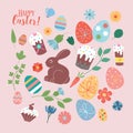 Happy Easter. Vector set of cute illustration. Painted eggs, rabbits, flowers, a basket, a chocolate hare, cakes. Design elements