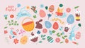 Happy Easter. Vector set of cute illustration. Painted eggs, rabbits, flowers, a basket, a chocolate hare, cakes. Design elements