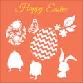 Happy easter vector set with silhouettes of chickens, rabbit, flower, leaf and eggs Royalty Free Stock Photo