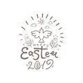 Happy Easter 2019. Vector template with lettering and Spring bird.