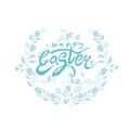 Happy Easter. Vector turquoise logo sketch hand drawn Easter eggs and flowers wreath. Modern calligraphy.