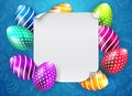 Happy Easter Vector Typography background with place for your text message with colored eggs on blue seamless. White